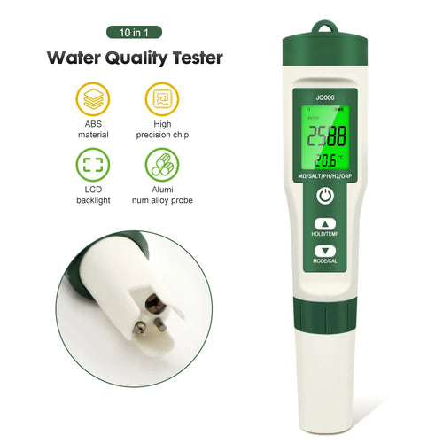 10 in 1 Water Quality Tester PH/EC/TDS/ORP/H2/Fertile/Salinity/S.G/Resistivity/Temp PH Meter Tester for Aquariums Pools