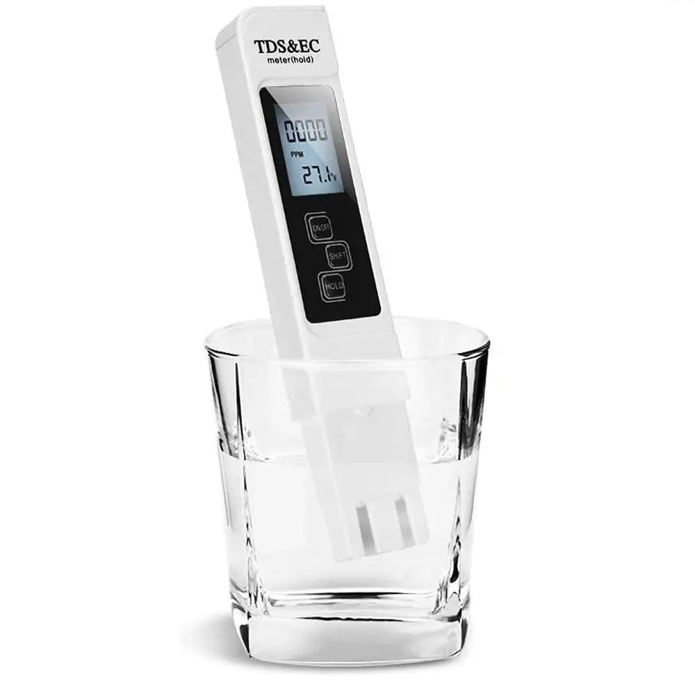 Digital TDS EC Water Tester Meter (0-9990 Range) - Multifunctional PPM/Temp/Purity Detector Pen with White LCD