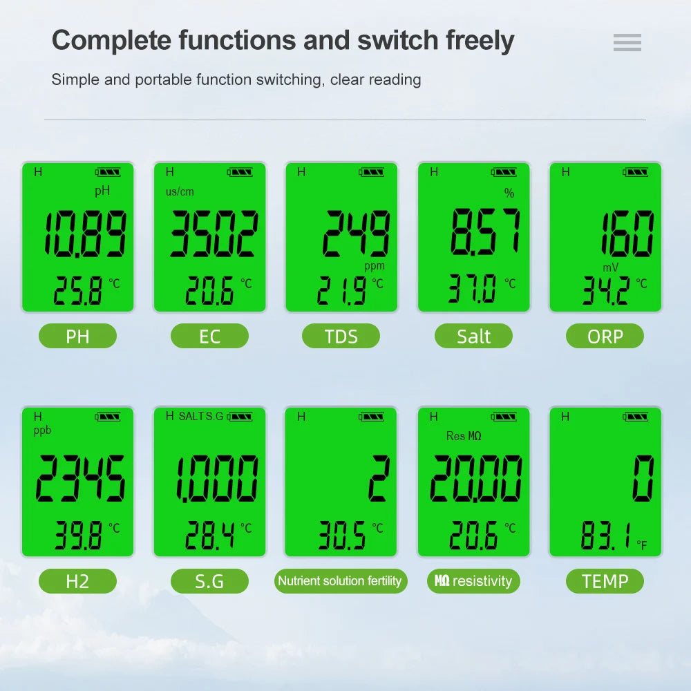 10 in 1 Water Quality Tester PH/EC/TDS/ORP/H2/Fertile/Salinity/S.G/Resistivity/Temp PH Meter Tester for Aquariums Pools