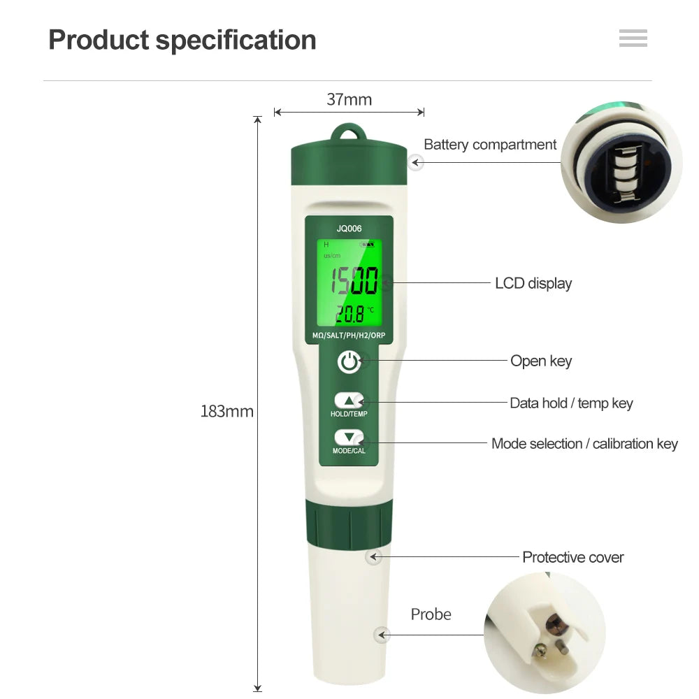 10 in 1 Water Quality Tester PH/EC/TDS/ORP/H2/Fertile/Salinity/S.G/Resistivity/Temp PH Meter Tester for Aquariums Pools