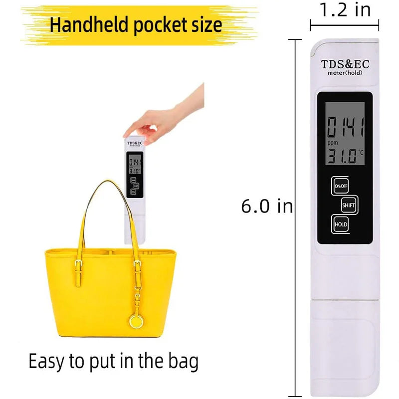 Digital TDS EC Water Tester Meter (0-9990 Range) - Multifunctional PPM/Temp/Purity Detector Pen with White LCD